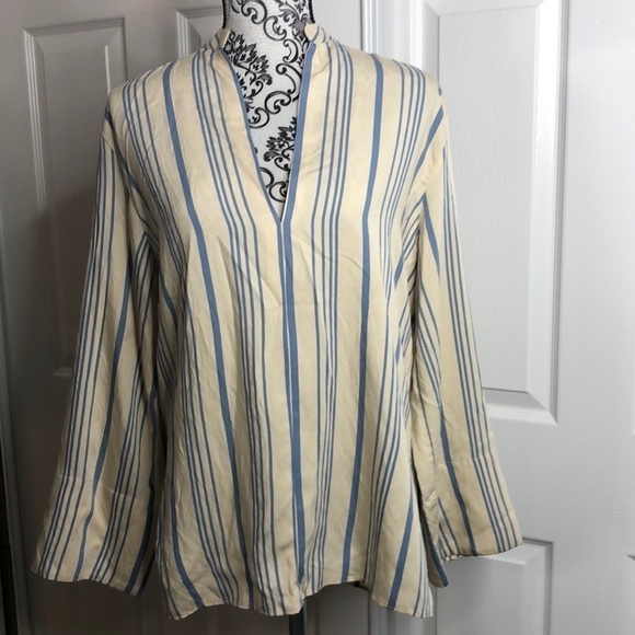 Zara Blouse Blue Cream V Neck Long Sleeve Top XS New WithTags - Picture 1 of 6